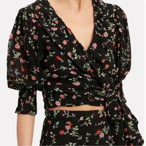 GANNI 2 Piece Floral Black Wrap Top and Skirt Set EUC Women’s 34 (2)